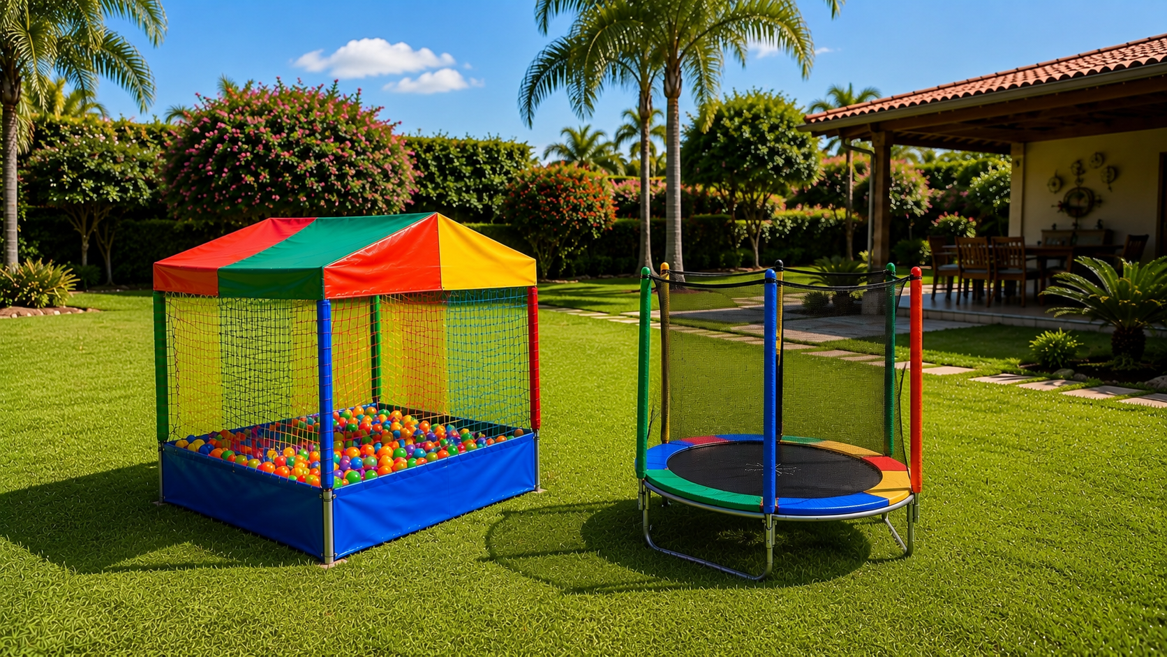 Essencial com cama elástica pequena e piscina de bolinhas