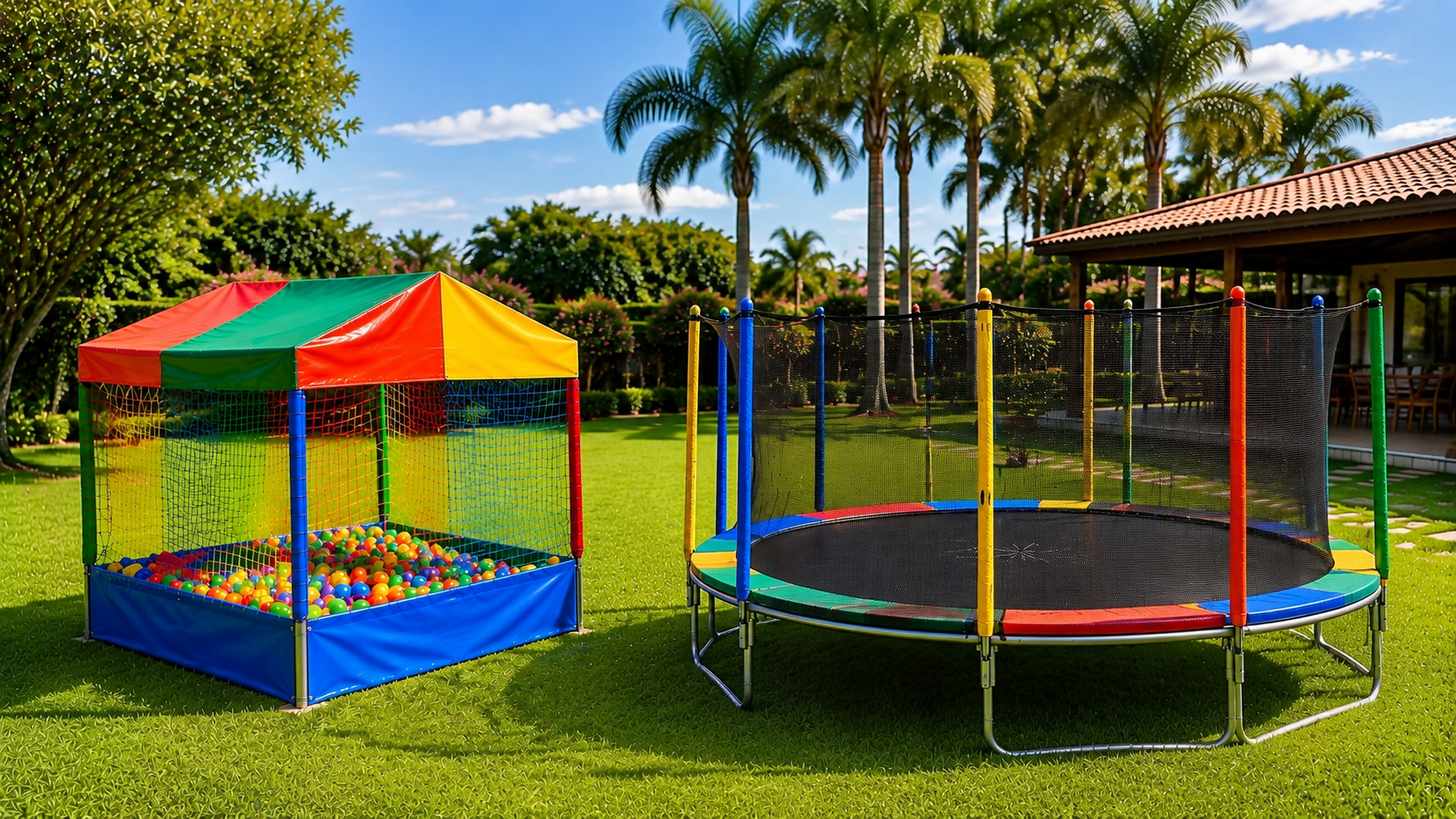 Família com cama elástica grande e piscina de bolinhas