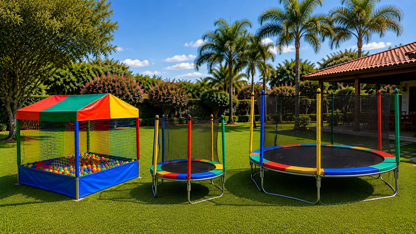 Festa com camas elásticas média e grande e piscina de bolinhas